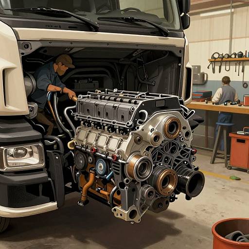 Photorealistic digital art of a mechanic installing a large, detailed engine into a white truck in a brightly lit garage workshop.