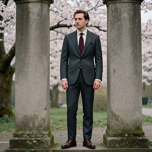 Photograph of a young Caucasian man with short brown hair, wearing a dark navy suit, white shirt, and burgundy tie, standing between two ancient