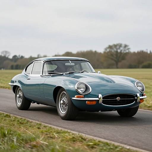 Photograph of a classic, teal vintage sports car with chrome details, driving on a rural road with grassy fields and trees.