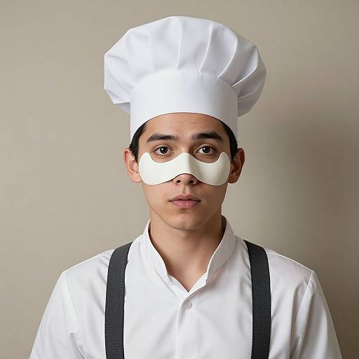 Photograph of a young male chef with light skin, black hair, wearing a white chef's hat, white shirt, black suspenders, and a