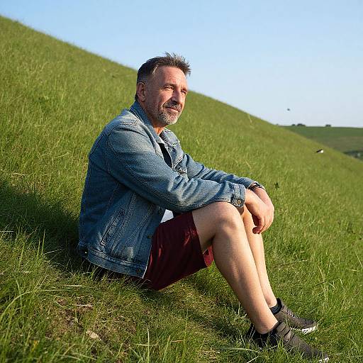 Photograph of a smiling middle-aged man with short dark hair and beard, wearing a blue denim jacket, red shorts, and black shoes, sitting on