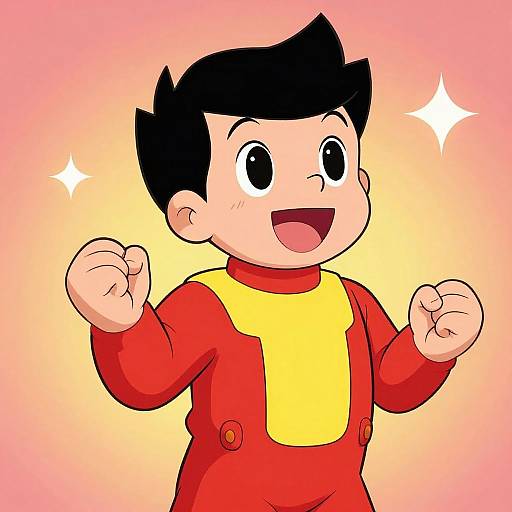 Digital cartoon of a happy, black-haired boy with large eyes, wearing a red and yellow outfit, fists raised, against a pink gradient background with sparkling