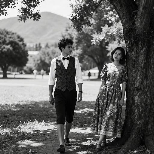 Vintage Park Scene: Couple in Black-and-White