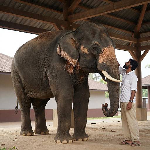 Large Elephant Under Wooden Beams With Man