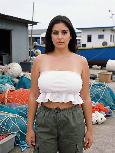 Chic Woman in Colorful Fishing Village