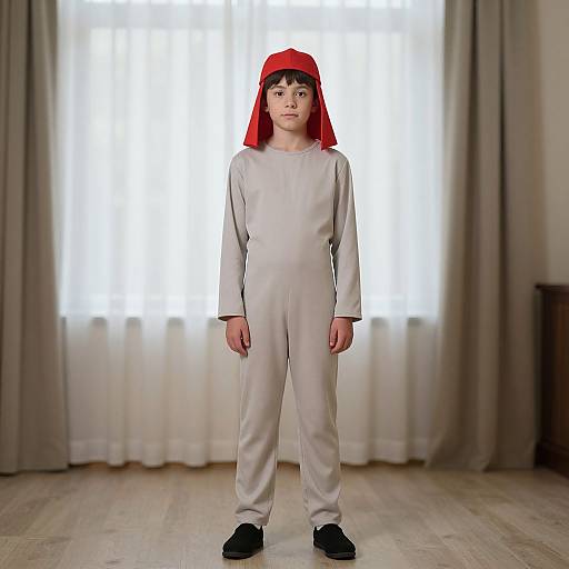 Photograph of a young boy in a white onesie and black shoes, standing in front of a bright window with beige curtains, wearing a red hood
