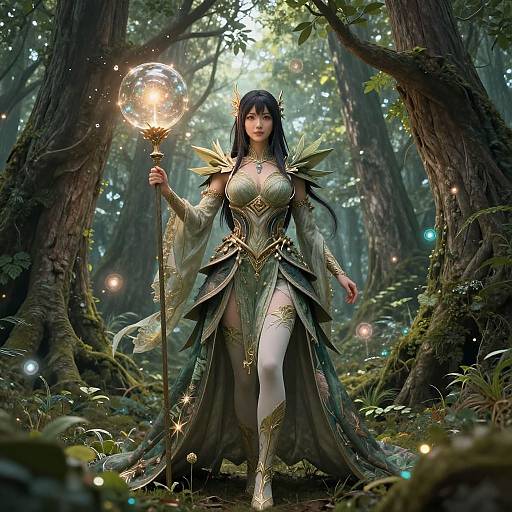 Digital fantasy artwork of a fair-skinned, black-haired elf woman in ornate green armor, holding a glowing orb, standing in a mystical forest.