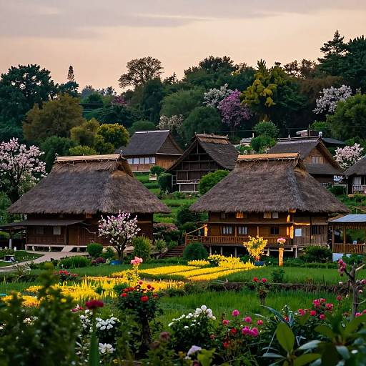 Photograph of traditional thatched-roof wooden houses on a lush, flower-filled garden, with a sunset sky and trees in the background.