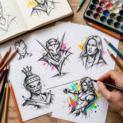 Photograph of a hand drawing comic-style sketches with black ink, featuring superheroes and action poses, with colorful paint splatters, surrounded by pencils, an