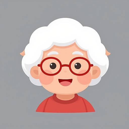 Cartoon-style digital illustration of a smiling elderly woman with white curly hair, red glasses, and red shirt, set against a gray background.