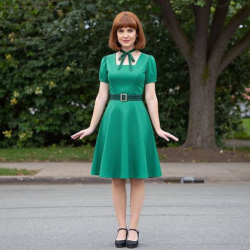 Photorealistic digital image of a fair-skinned woman with red bob haircut, wearing a green dress with white collar and black belt, standing on a