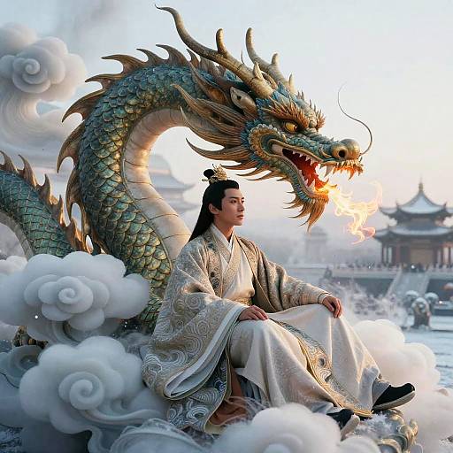 Chinese Man in Hanfu with Majestic Dragon