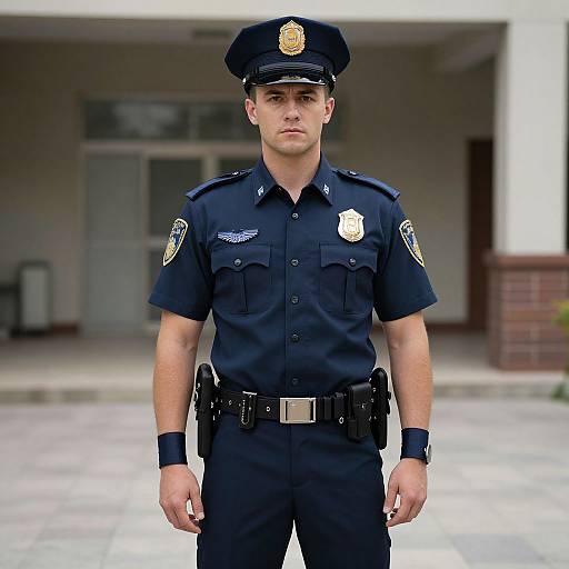 Photograph of a young, serious-looking male police officer standing in front of a building, wearing a dark blue uniform with badge and hat, black belt