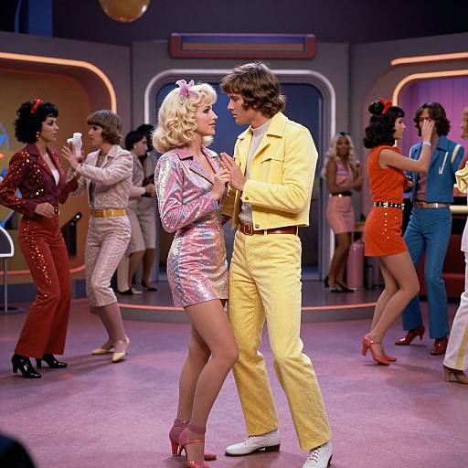Colorful 1980s disco dance scene with a blonde woman in a shiny pink dress and a man in a yellow suit dancing center stage, surrounded