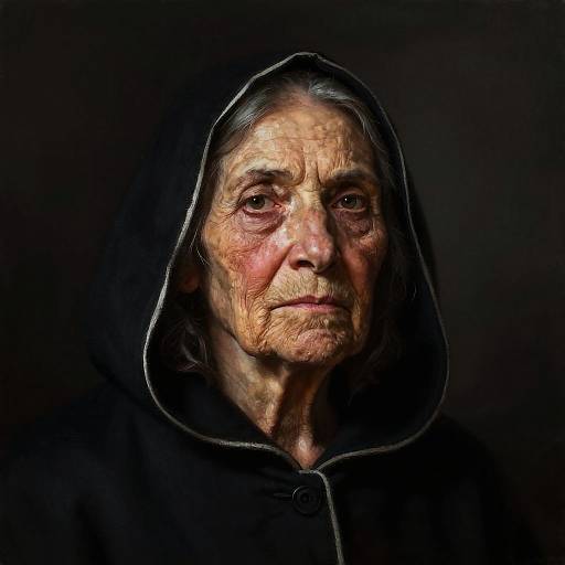 Realistic Elderly Woman in Hooded Garment