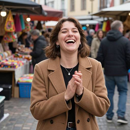 Photograph of a smiling woman with shoulder-length brown hair, wearing a brown coat, clapping hands, standing in a busy outdoor market with colorful stalls