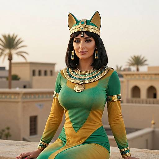 Photograph-style CGI of an Egyptian woman in a green and gold dress with cat ears and jewelry, sitting on a stone ledge against a desert palace with