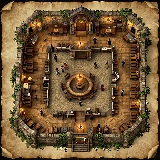 Overhead view of a medieval tavern with wooden furniture, lit candles, and several people, surrounded by stone walls and greenery. Digital art.