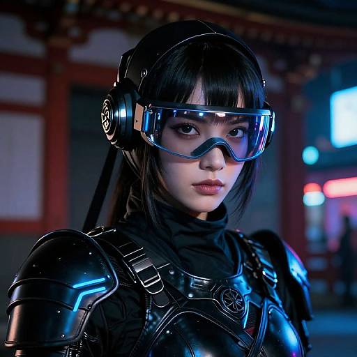 CGI image of an Asian woman with black hair, wearing futuristic black armor, blue-tinted visor, in a neon-lit urban setting