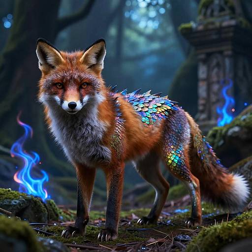 Digital art: A vibrant fox with iridescent, rainbow-colored scales stands in a mystical forest, surrounded by blue ethereal flames and ancient stone ruins