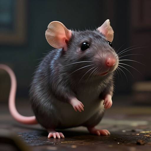 Photorealistic CGI of a curious, fluffy gray mouse with pink ears, nose, and tail, standing on its hind legs, holding its front p