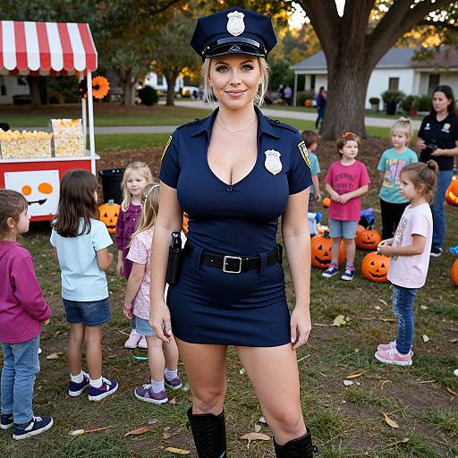 Photograph of a blonde woman in a sexy, tight black police uniform and hat, standing in a Halloween-themed park with children and pumpkin decorations.