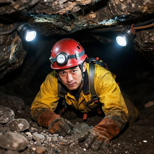 Focused Miner in Dark Underground Setting