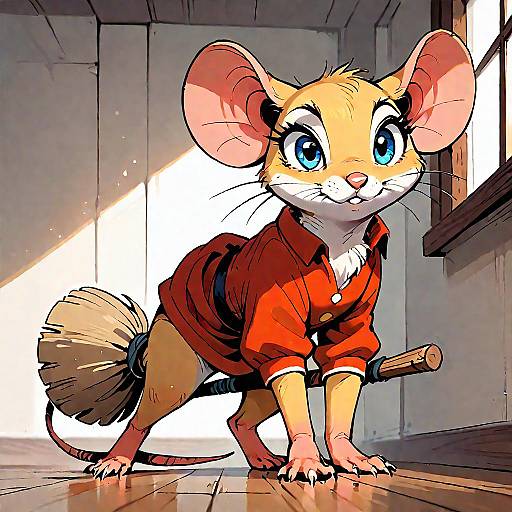 Fluffy Mouse Sweeping in Beatrix Potter Style