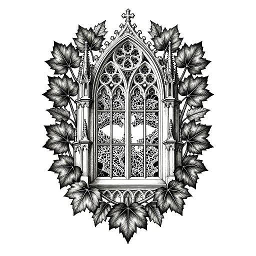 Black-and-white Gothic-style illustration of a detailed, arched window surrounded by intricate grapevine leaves, featuring ornate patterns and stained glass elements.