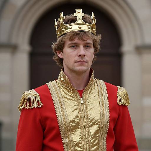 Photograph of a young man with wavy brown hair, wearing a gold crown and red regal robe with gold embroidery, standing in front of a
