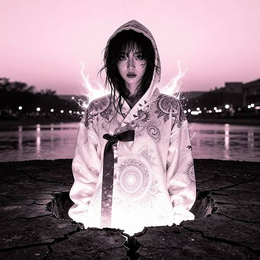 Monochromatic photograph of a wet-haired Asian woman in a patterned kimono, kneeling on a stone path at dusk, surrounded by glowing light.