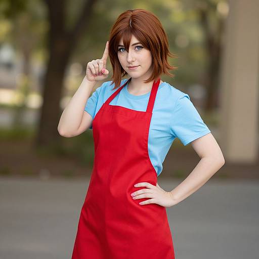 Photorealistic CGI of a fair-skinned woman with short brown hair, wearing a red apron over a blue shirt, pointing to her temple,