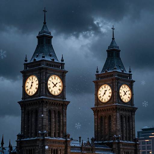 Photograph of two illuminated clock towers with snow-covered roofs against a dark, cloudy sky, featuring snowflakes and dramatic lighting.