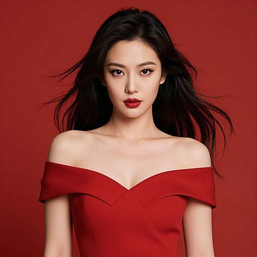 Photograph of an Asian woman with long black hair, wearing an off-shoulder red dress, against a solid red background. She has red lipstick