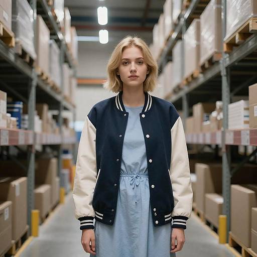 Blonde Woman in Warehouse Aisle