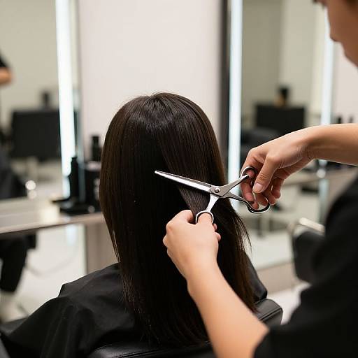 Photograph of a hairstylist cutting a woman's long black hair in a modern salon, using scissors and comb, with bright mirrors and blurred background