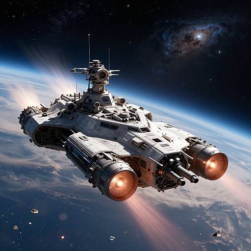 CGI image of a futuristic, heavily armed space battleship with glowing orange engines, flying through a starry, colorful galaxy near Earth's horizon.