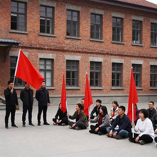 Diverse Group with Red Flags in Courtyard