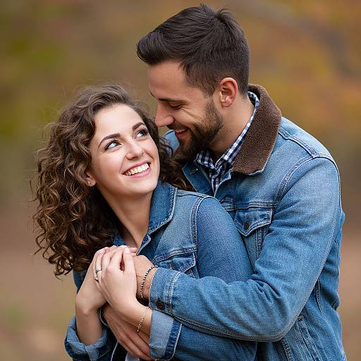 Photograph of a smiling couple embracing outdoors. The man with dark hair and beard, wearing a blue denim jacket, hugs the woman with curly brown hair