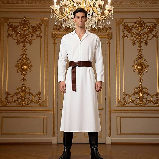 Photograph of a serious man with short black hair, wearing a white robe with a brown belt, standing in an ornate, gold-accented