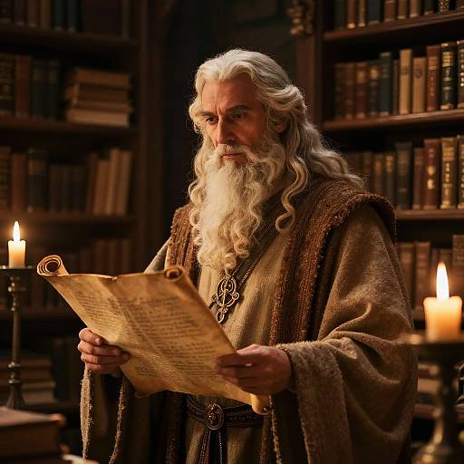 Photograph of an elderly wizard with long white hair and beard, wearing a brown robe, reading an ancient parchment in a dimly lit library with book