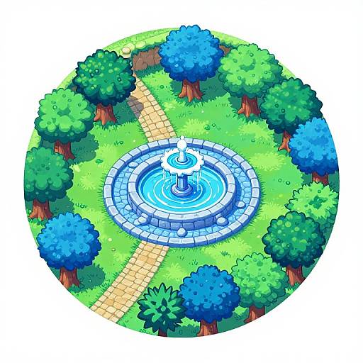 Colorful digital illustration of a circular park with a central blue fountain, surrounded by vibrant green grass, blue and green trees, and a brick path.
