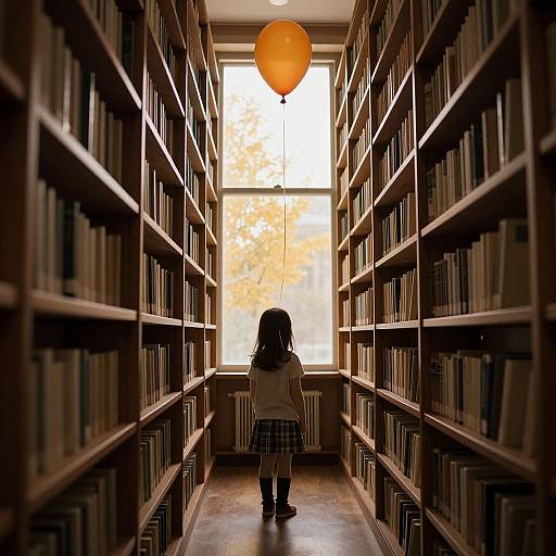 Photograph of a library aisle: Silhouetted girl with long hair, white shirt, plaid skirt, stands facing a sunlit window with
