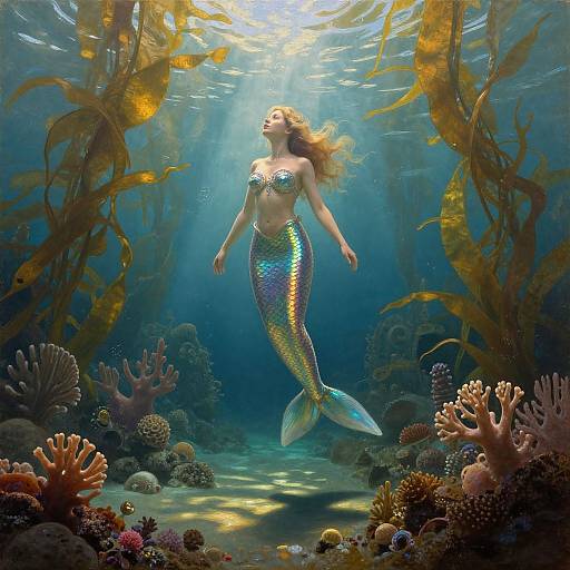 Photograph of a radiant mermaid with golden scales and a shimmering tail, floating underwater among colorful coral reefs and golden seaweed. Sunlight filters