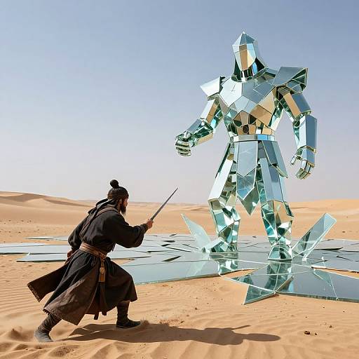 Photograph of a hooded warrior in black robes dueling a reflective, humanoid crystal robot in a desert with clear sky.