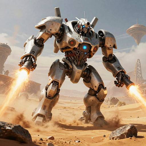 Photorealistic CGI of a towering, silver and black robotic warrior with glowing blue eyes, firing dual guns in a dusty desert battlefield. Background includes futuristic