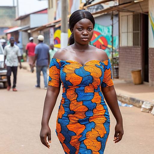 Photograph of a Black woman with dark skin wearing an off-shoulder, orange and blue floral dress, walking confidently down a busy, sunlit