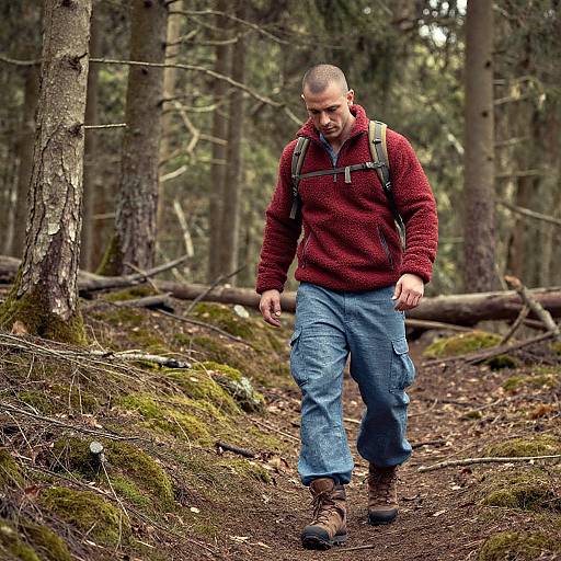 Muscular Man Hiking in Vintage Forest
