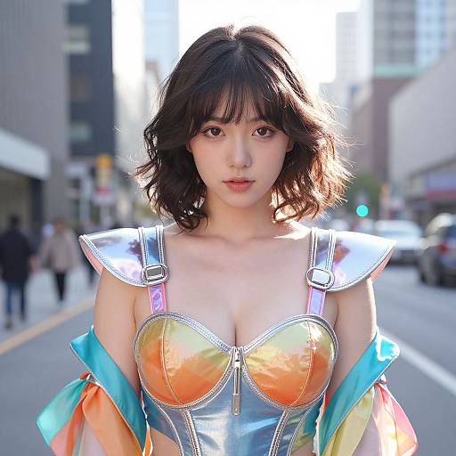 Photograph of an Asian woman with shoulder-length black hair, wearing a metallic, rainbow-colored corset with silver shoulder armor, standing on a sunlit