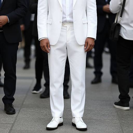 Man in White Suit on Sidewalk
